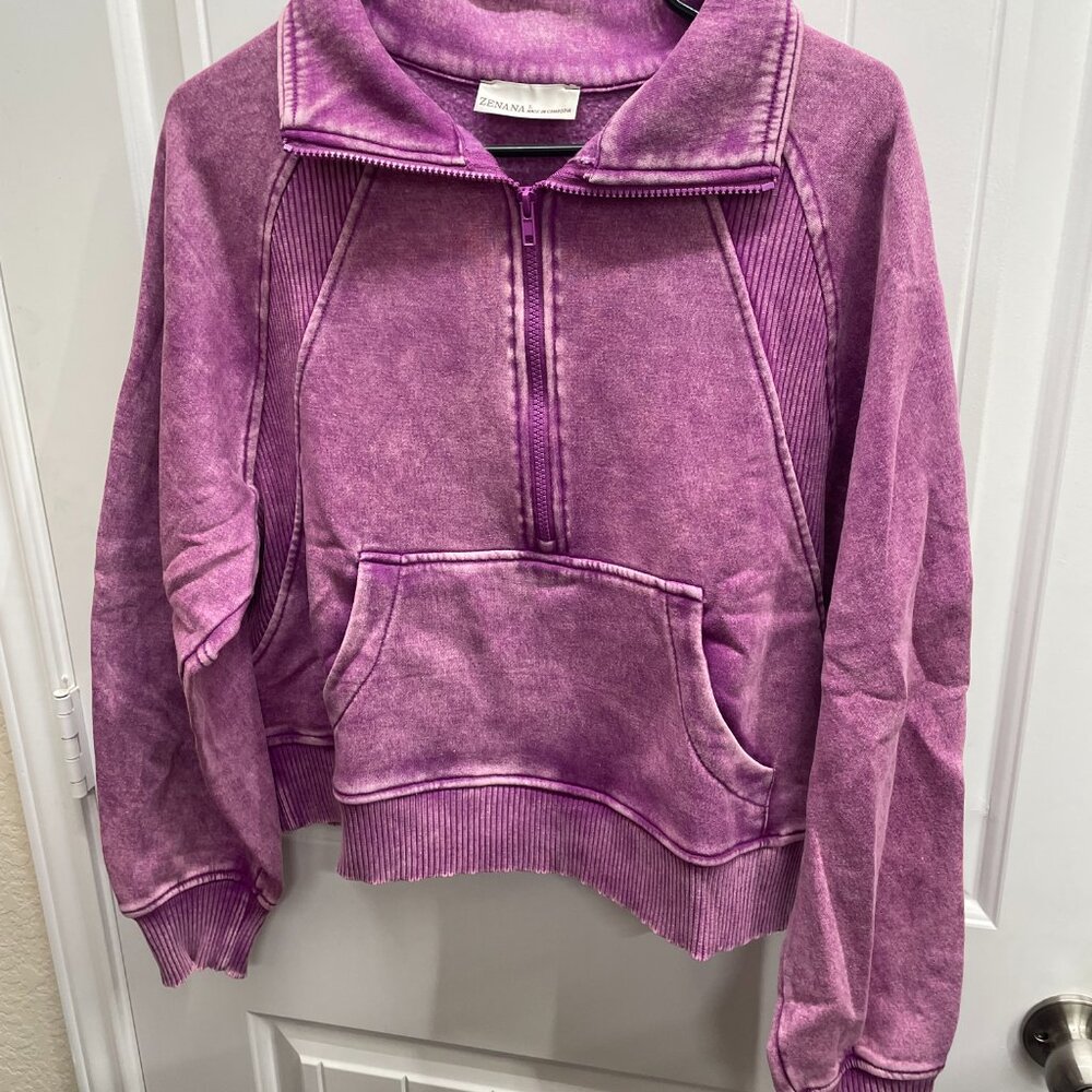 Zenana Outfitters Acid Wash Plum Half-Zip Fleece Pullover Size Large NWOT - Picture 5 of 8